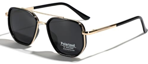 LIGOES TR90 Polarisierte Sonnenbrille Retro Quadratische Flattop Sonnenbrille Doppelte Brücke Vollrahmen UV400 Linse Brillen (gold with black)