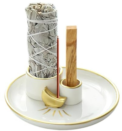 Palo Santo Halter, 4 in 1 Moon Design Räucherstäbchenhalter Keramik Räucherschale für jedes Räucherwerk, Weißer Salbei, Räucherstäbchen und Kerzenhalter, Aschefänger Tablett für Meditationsraum Yoga
