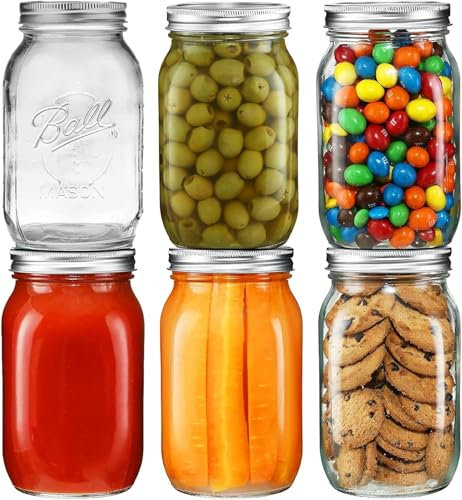 LATERN 6 Pièces 32oz Bocaux Mason à Large Ouverture, 960ml Bocaux en Verre Mason Anti-Fuites Imprimés avec Couvercle Hermétique et Bande pour Conservation Confiture Miel Gelée Sauces Salade Oat Yaourt