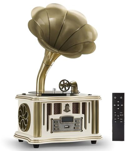 Vintage Gramophone Bluetooth Speaker, Type C Rechargeable Nostalgic Vintage Gramophone, Mini Bronze Vintage Retro Classic Style Gramophone Shape Speaker, Wireless Bluetooth 5.0 Speaker with FM Radio