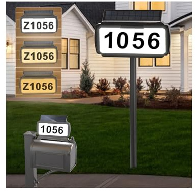 Solar Address Sign, House Number Sign with 3 Lighting Modes, Mailbox Numbers for Outside, In Ground & Wall/Mailbox Mounted, Waterproof Yard Sign, Illuminated One Sided