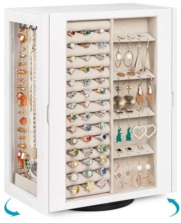 Emfogoo Boîte à Bijoux Rotative à 360°, Grande Boite a Bijoux Bois 5 Tiroirs Coffret, Porte de Verre, Boite Rangement Organisateur Bijoux pour Colliers, Boucles D'oreilles, Bagues, Bracelets (Blanc)