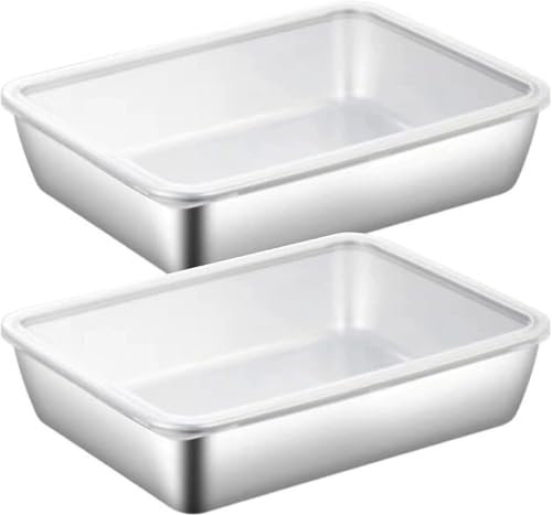 Shixiaodan Platos cuadrados de acero inoxidable con tapas, 2 bandejas de acero inoxidable de 10 x 8 x 2 pulgadas, bandejas apilables cuadradas para hornear con fondo plano
