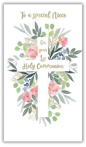 IC&G Special Niece First Holy Communion Congratulations Card - Holy Communion Congratulations Card for Girls with Floral Cross Design and a Foil Finish