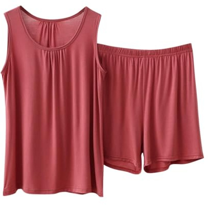 Set di pigiama in cotone per donna in taglia grande, camicie da notte per donna a maniche corte, morbidi pantaloncini corti e top senza maniche, tinta unita con scollo a O senza maniche, biancheria da