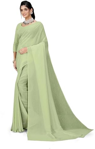 ETHNICMODE Indian Saree For Women Plain Zari Chiffon Light Weight Party Wear Light Green Sari With Unstitched Blouse Piece-1242