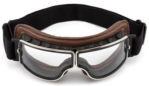 evomosa Occhiali da moto vintage Glasses da aviatore retrò Pelle PU Pieghevoli Occhiali antivento per uomo e donna Occhiali (Marrone Trasparente)