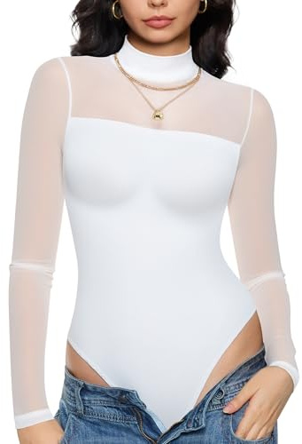 Nebility Women Long Sleeve Bodysuit Turtleneck - Mesh Shapewear Body Suit Tops Thong Going Out Tops Fall Outfits, White, S