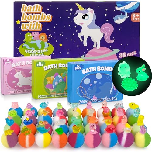 Bombes de bain pour enfants avec jouet à l'intérieur, 36 boules de bain moussantes bio faites à la main avec surprise phosphorescente à l'intérieur, coffret cadeau pour anniversaire, Pâques, Noël