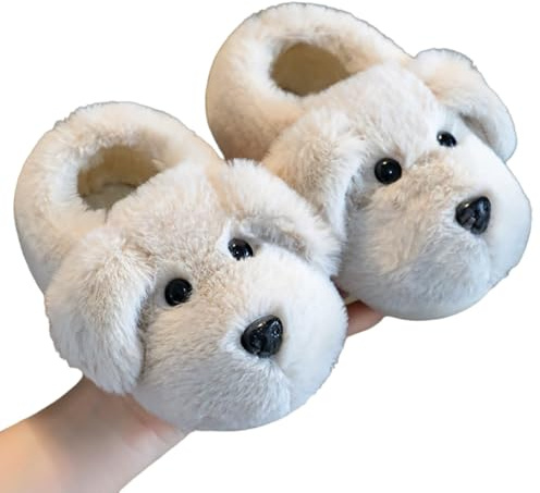 AMateschitz Pantoufles pour enfants fille garçon chaussons chauds chien Pantoufles pantoufles de dessin animé Pantoufles d'hiver chaleur animal Pantoufles peluche chaussons antidérapants Beige 32-33