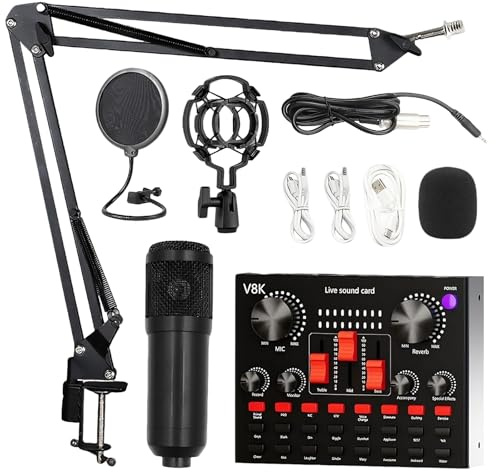 Zephviora Juego de micrófono para podcast, controlador DJ y micrófono BM800, micrófono para juegos con brazo, kit de mezcla de audio con tarjeta de sonido para streaming, podcasting, grabación