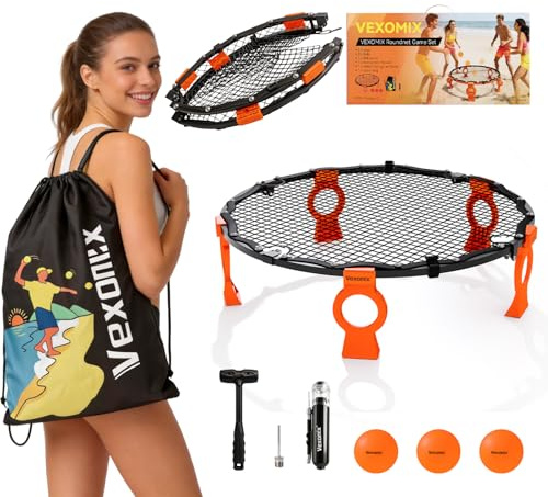 VEXOMIX Vikbar metallrundnät spelset – utomhusspelset med förinstallerat nät och skruvfast pro-studs – ingen nätmontering – inkluderar 3 bollar, pump, fodral och regler – orange
