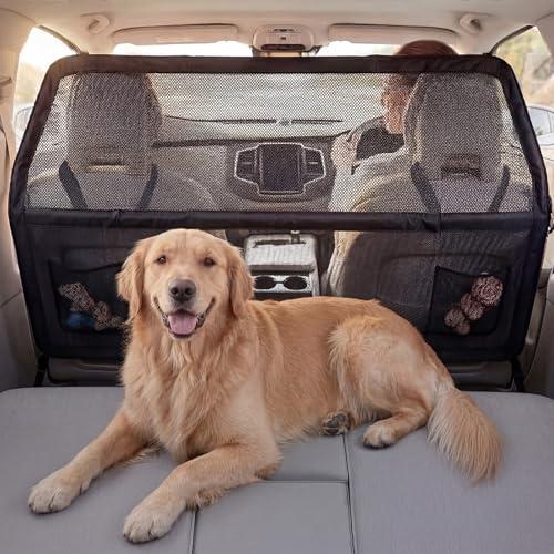 Dog Guard for Car Boot, Heavy Duty Dog Car Barrier with Metal Frame & Transparent Chew-Resistant Net, Wider Coverage Car Dog Guard for SUV, Hatchback & Truck, Back Seat & Cargo Divider 142x81cm