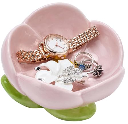 PH PandaHall Smyckesskål rosa keramisk ringhållare, blomma smyckesfat, 11,5 x 10,7 x 8 cm rosa bricka keramisk prydnadsskål söt liten prydnadssbricka för rumsdekor gåva smyckesorganisatör