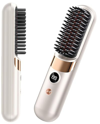 HRYYDS Go Brush Pro UK Cordless Hair Straightener Brush, Cream White | Rechargeable Ceramic Styling / 4 Heat Modes / LED Display / Portable for Travel & Daily Touch-Ups