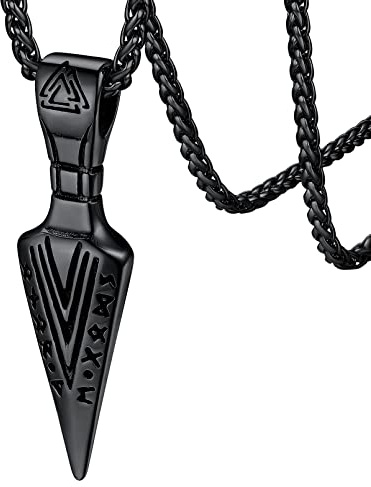 FaithHeart Viking Arrow Necklace, Men's Gothic Black Gungnir Spearhead Pendant Norse Necklaces for Father Husband, Stainless Steel Nordic Jewelry