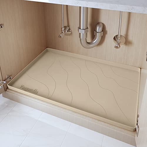 Vangostella Heavy Duty Silicone Under Sink Mat for Kitchen Waterproof 34 x 22, Extra Thick Rubber Mat Drip Tray, Raised Edge Under Sink Liner, Prevent Drips, Leaks, Spills, Beige