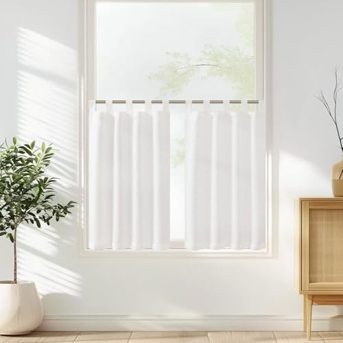 Vangao Fönstergardiner modernt kök vit bistrogardin set om 2 70 B x 90 H cm med slingor, gardiner, kort, halvtransparenta linneutseende, köksgardiner för små fönster, husbil, köksfönster