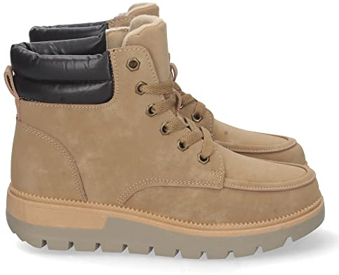 67975-Botin Plano para Mujer, Comodo, con Estampado Liso, Acolchado, y Cierre de Cordones, Otono Invierno 2022. Talla 40 Camel