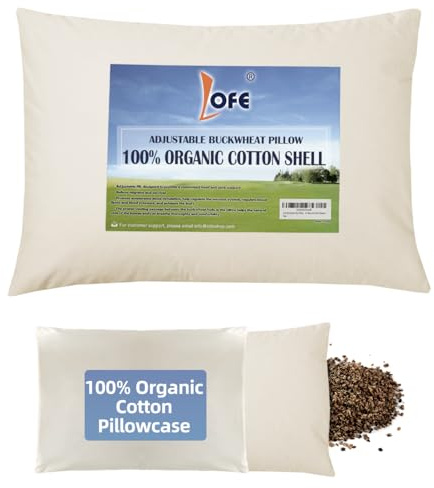LOFE Organic Buckwheat Pillow for Sleeping with Organic Cotton Pillowcase - Kids/Travel Size 11''x16'' Adjustable Firm Pillow, Cervical Support for Back and Side Sleepers(Tartary Buckwheat Hulls)