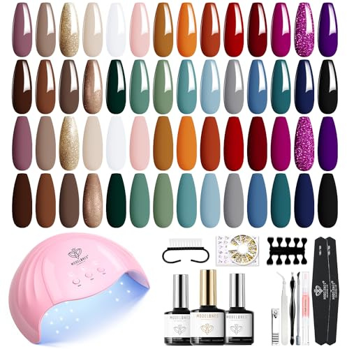 Modelones Gel Nail Kit, 28 Colors Fall Winter Gel Nail Polish Set with Lamp Starter Kit No Wipe Base & Top Coat Nail Kit Diy Home Nail Curing Gifts For Women