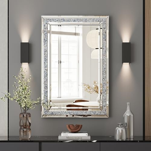 SHYFOY 60 x 80 cm dekorativa kristallspeglar för väggdekoration vardagsrum silver lyx modern speglad heminredning, stor lång spegel silver