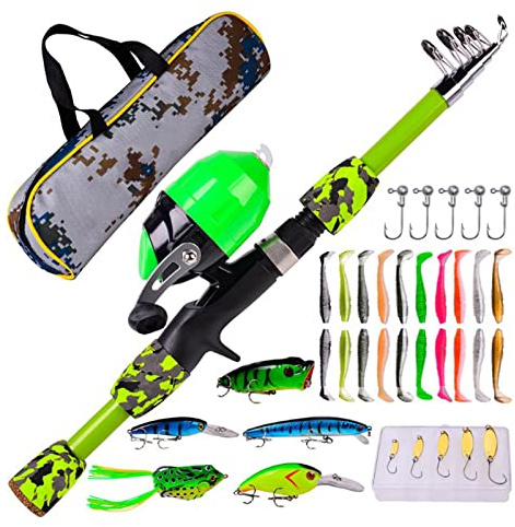 Joyeee Combo de caña de pescar y carrete para niños, con caña de pescar telescópica de 1.5 metros, carrete de línea de pesca de nailon de 40 metros, señuelos de pesca, bolsa de transporte, kit de