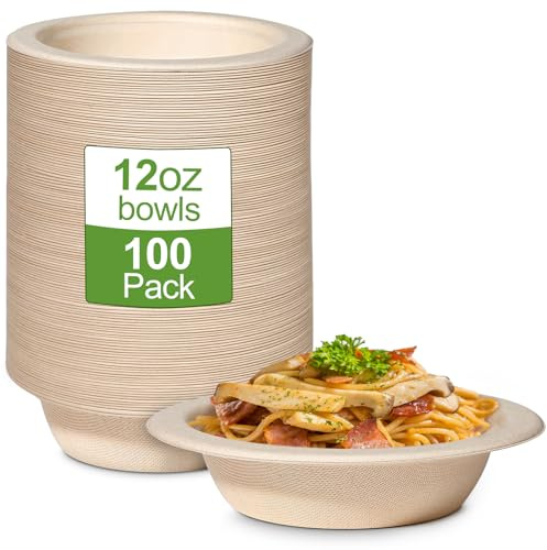 GREENESAGE 100-pack 350 ml engångsskålar pappersskålar miljövänliga, sockerrör stark brun 350 ml skålar biologiskt nedbrytbara soppskålar för fester BBQ picknick