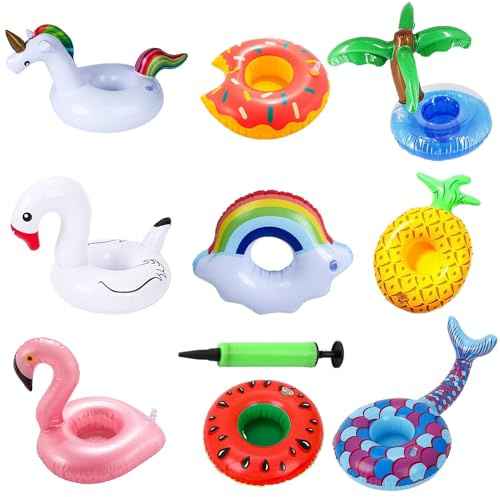 Porte Gobelet Gonflable, 9 Packs Porte-Boissons Gonflables avec Pompe à Air，Porte-gobelet Gonflable pour Piscine Flottante， Jouets de Piscine pour Les Fêtes d'été à la Piscine