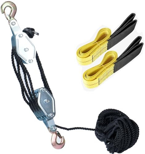 1.8 Ton Rope Hoist Pulley Block with 2Pcs Webbing Lifting Sling Strap, 4000 lbs Max Load,Heavy-duty Steel Hooks Lifting Pulley Block, 20 m (65.6 ft) Nylon Rope (Black+2 Sling Strap)