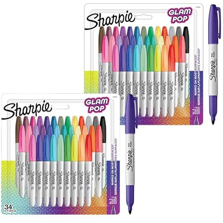 Sharpie Permanentmarker „Glam Pop Feine Spitze für markante Details | Verschiedene leuchtende Farben | 34 Markierstifte x 2