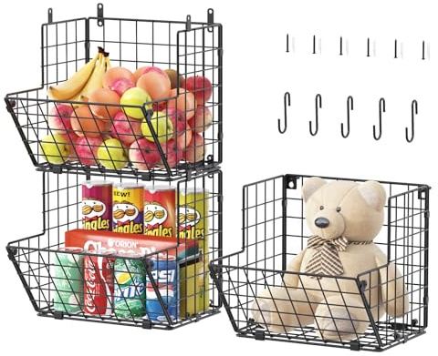X-cosrack Metal Wire Basket Wall Mount, 3 Tier Wall Storage Organizer with 5 S Hooks, Kitchen Fruits and Vegetables Bin Toys Organizer Hanging Basket Black (S (10.83 L x 10.63 W x 30 H))