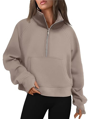 AUTOMET Womens Sweatshirts Half Zip Cropped Pullover Fleece Quarter Zipper Sweater Hoodies 2026 Fall Fashion Outfits Clothes Coffeegrey XX-Large