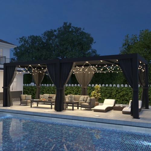 LVUYOYO Outdoor Louvered Pergola 10' x 20', Aluminum Pergola with Adjustable Roof, Waterproof Metal Gazebo with Curtains and Netting for Patio, Backyard, Garden, Deck (Black)