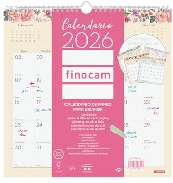Finocam - Calendario de pared 2026 Mes Vista Enero - Diciembre (12 meses) | Calendario 2026 para anotar | Planificador mensual Design - Español