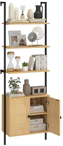 LIFEZEAL Libreria a 3 livelli, 184 cm, scaffale a scala con ripiano regolabile e armadio, mensola portaoggetti con ante in rattan e telaio in metallo per soggiorno, ufficio casa, camera da letto