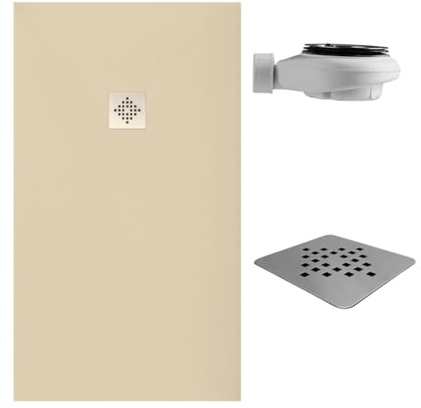 SOULBATH Plato de Ducha - Resina - Gel Coat - Textura Liso/Piedra - Antideslizante - Color Crema Intenso - 170x80- Extraplano 3cm. Incluye Válvula de desagüe - Standard