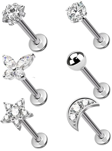JILLIOPER Tragus Piercing Jewellery, 6PCS 16G Stainless Steel Labret Studs with Cubic Zirconia Flat Back Cartilage Earrings for Lip Helix Conch Nose Tragus Piercing Women Men