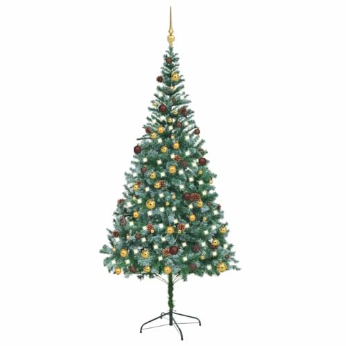 LoogCape Konstgjord julgran med belysning 210 cm, gran med kulor, kottar, LED-ljusslinga, vikbar, stabilt stativ, för inomhus- och utomhusbruk, festligt utsmyckad, hållbar
