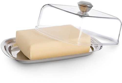 KADAX Butterdose, Butterglocke mit Klarsichtdeckel aus Kunstoff, Untersetzer aus Edelstahl, mit ergonomischem Griff, mattiert, modern, spülmaschinenfest