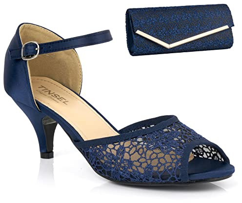 Shoe Box Boutique SB0062 Women's Lace Satin Mid Heel Peep Toe Mary Jane Strappy Sandals & Matching Clutch Shoulder Bag (Navy Blue, Numeric_6)