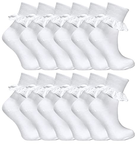 Sock Snob 12 Pair Multipack White Frilly Lace Socks | 7 Sizes Girls Cute Cotton Rich School Socks (11-14 Years, White)