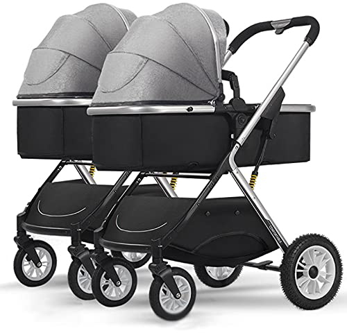 Dubbel barnvagn, Twin Buggy kan konverteras från 1 till 2, dubbelvagn lättviktig, hopfällbar och kompakt, stötdämpande barnvagn, sida vid sida,Grey