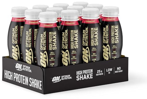 ON High Protein Shake Bottles, Ready To Drink Healthy Snacks, No added sugars, low fat, Post Workout Snack for Men and Women, Strawberry Flavour, 12x330ml, Packaging may vary