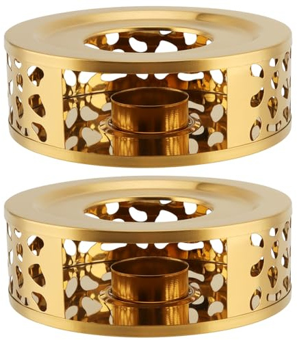 YUENPUN 2 PCS Metal Teapot Warmer Base, Stainless Steel Teapot Warmer with Tealight Holder for Glass or Ceramic Teapot, Gold