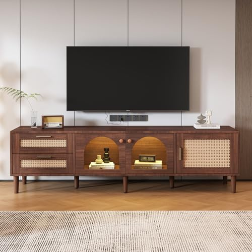 BTM 180cm TV Stand, Brown TV Stand Cabinet with LED Lights, TV Cabinet with 2 Rattan Drawers, 2 Curved Glass Doors & 1 Rattan Door, LED TV Unit for 80 inch TV, 180x40x50cm