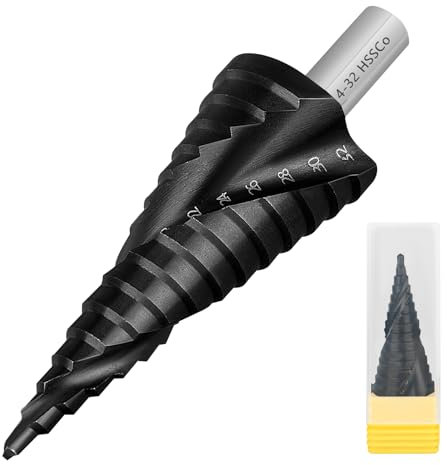 aquota Broca escalonada [15 niveles, diámetro 4-32 mm, oveja de 10 mm, HSS Cobalt Pro TiAIN [duradera y resistente al calor] – Broca cónica profesional para acero inoxidable, metal, madera, plástico,