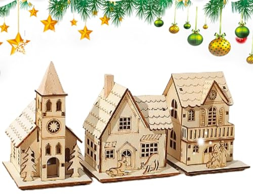 Amesor 3 Pièces Ornement De Cabine Lumineux en Bois, Maison Village De Noel Miniature LED, Ensemble D'artisanat De Cabine De Noël en Bois pour Salon, Bureau, Chambre À Coucher, Hall D'entrée, Fenêtre