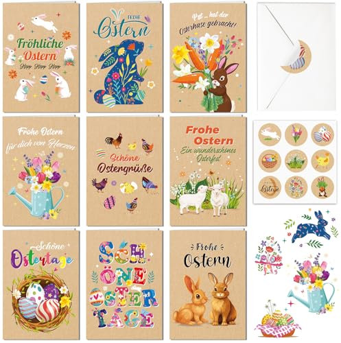 DPKOW Deutsch Osterkarten mit Umschlag Aufklebern, 9er Kraftpapier Ostern Kartenset Frohe Ostern Karte, Grußkarten Ostern Postkarten Ostern Klappkarten Blanko, Lustige Nostalgisch Original