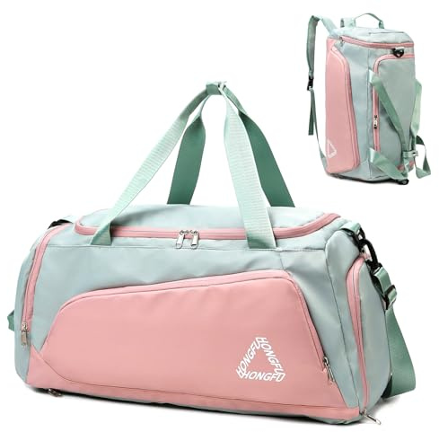 Outplea 40L Bolsa Deporte con Compartimento para Zapatos Mujer, Contrastante Mochila Bolsa Gimnasio con Bolsillo Mojado Grand, Bolso de Viaje Fin de Semana para Natacion, Rosa & Verde